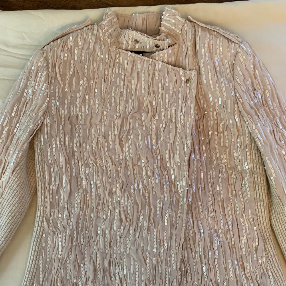 Ann Taylor Tan Lined Sequin Knit Side Jacket size 0 Polyester Wool Nylon Snap